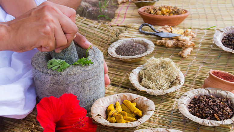 аюрведическая медицина, толчет в ступе травы
